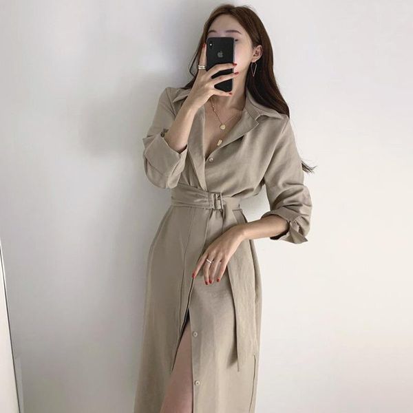 

casual dresses sannian women dress early autumn korean elegant lapel single-breasted belt design sense long shirt clothes, Black;gray