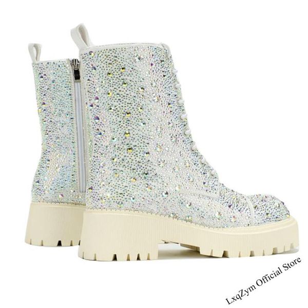 

boots glitter spike crystal ankle genuine leather brand woman bling rhinestone zip fashion lady round toe shinning shoes, Black