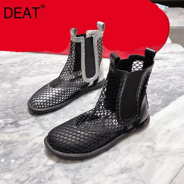

boots [deat] 2021 round toe zipper mesh hollow out breathable elastic band single women flat cool spring summer tide 10h936, Black