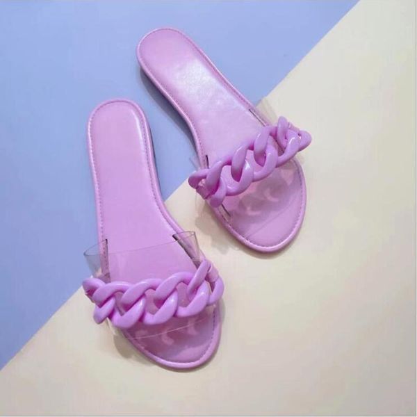 

slippers 2021 summer fashion women's shoes chain decoration pvc transparent upper color sandals large size flat flip flops, Black