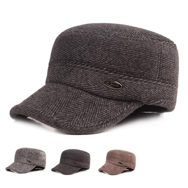 

wide brim hats winter middle-aged and elderly warm hat men's flat cap thick army military ear protection old cotton earmuff caps, Blue;gray