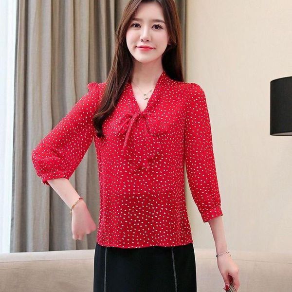 

women's blouses & shirts bowknot wave dot chiffon shirt summer quarter sleeve fashionable foreign style bottom coat b054, White