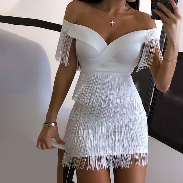 

sleeveless bodycon mini dress women white off shoulder tassel female short dresses 2021 summer party club bandage vestidos 210309, Black;gray