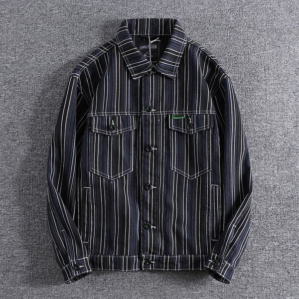 

2021 new arrival trendy striped denim jacket with embroidered letters on the back outerwear coat 0563 p8ll, Black;brown