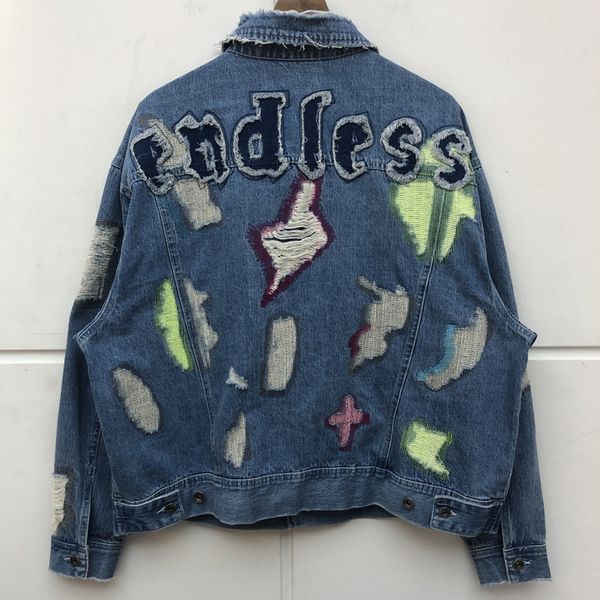 

hip-hop quality anguished hole damage denim blue male jacket woman patch letters type infinite outwear nunu, White;black