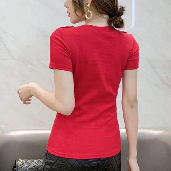 

new summer vintage ethnic style cotton t-shirt girls fashion v-neck button women short sleeve tees all match 2021 t12919a kz00, White