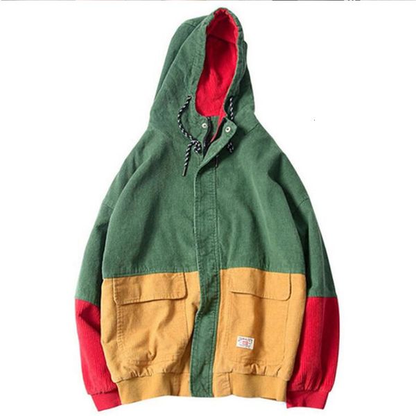 

autumn color block patchwork corduroy hooded jackets men hip hop hoodies coats male casual streetwear outerwear fashion sh190915, Black;brown