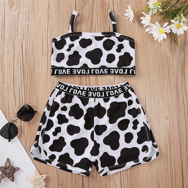 

kids baby girls 2-piece outfit set summer fashion cow pattern letter print sling tank elastic shorts set for children girls, White