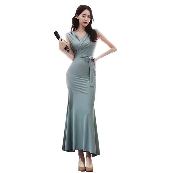 

knitting maxi dress korean ladies v neck sleeveless cabaret party dresses for women 210602, Black;gray