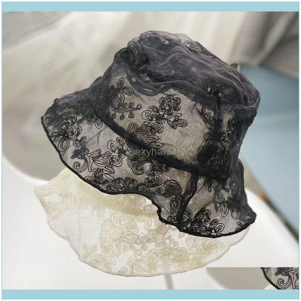

hats caps hats, scarves & gloves fashion aessories women spring summer lace gauze bucket hat embroidery floral ruffles edge short brimmed br, Blue;gray