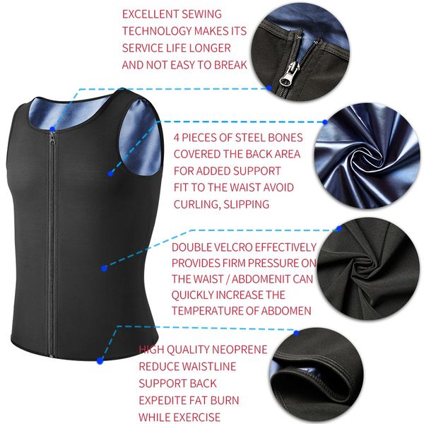 

mens body shaper zipper sauna vest polymer waist trainer sweat shirt slimming belt fitness corset abdomen workout shapewear, Black