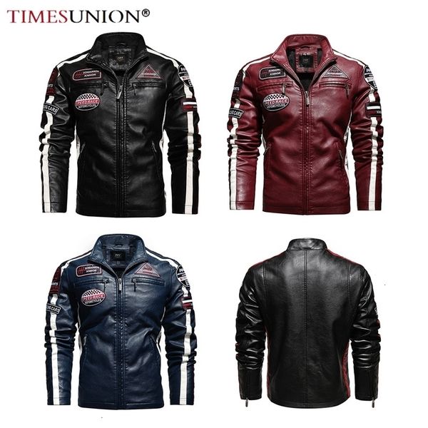 

vintage motorcycle jacket men fashion new biker leather jacket male embroidery bomber coat winter fleece pu overcoat 201120, Black