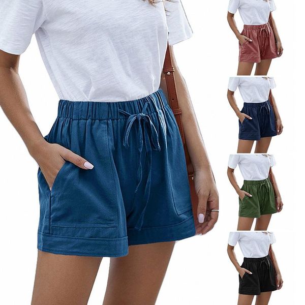 

women's loose pocket casual pants high waist elastic lace-up shorts, White;black