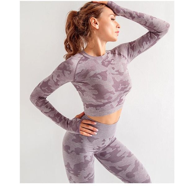 

yoga outfits camo women set seamless gym leggings+long sleeve tank workout sport suit fitness active wear shirt pants, White;red