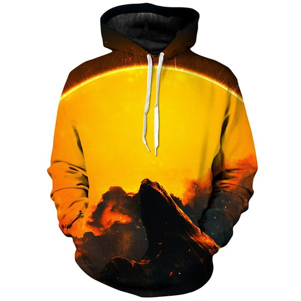 

sunset pattern fierce 3d printing hoodie visual impact party punk goth round neck sweater hoodie, Black