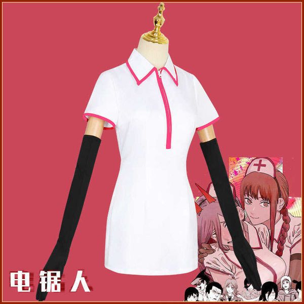 Anime Chainsaw Man Makima Cosplay Power Costume Sexy Enfermeira Uniforme Peruca Conjunto Completo Luvas Y0913