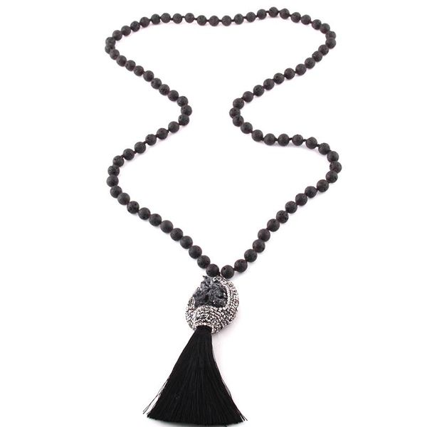 

pendant necklaces moodpc fashion bohemian jewelry lava stone knotted natural druzy & tassel necklace for women ethnic, Silver