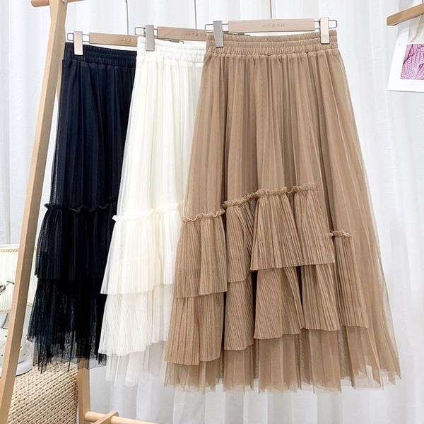 

skirts early spring high-waisted thin mid-length skirt fairy temperament irregular double-layer mesh female 504, Black