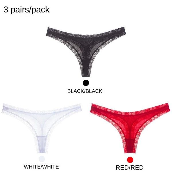 

women's panties [3 pieces] ladies underwear lace-trimmed cotton briefs fitness low waist seamless female thong women, Black;pink
