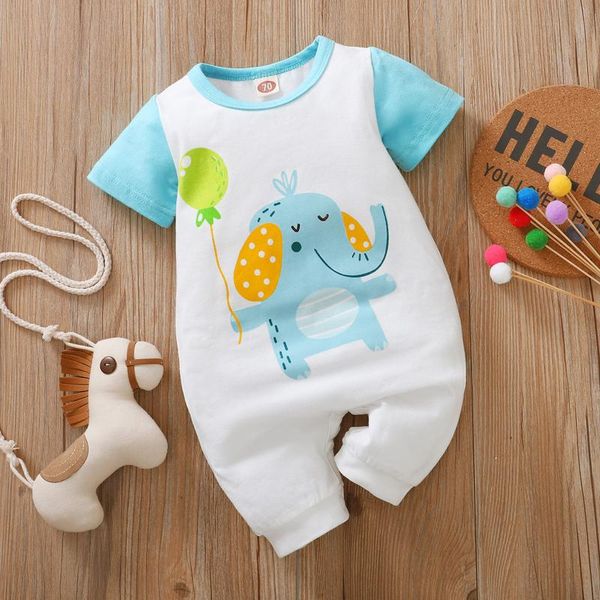 

jumpsuits summer born baby boys girls romper cartoon elephant printing short sleeve jumpsuit infant clothes 0-18 months, Blue