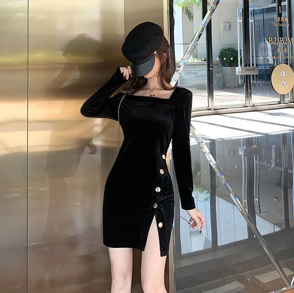 

casual dresses 358 # to film the spot video winter velvet irregular dew shoulder waist show thin render dress, Black;gray