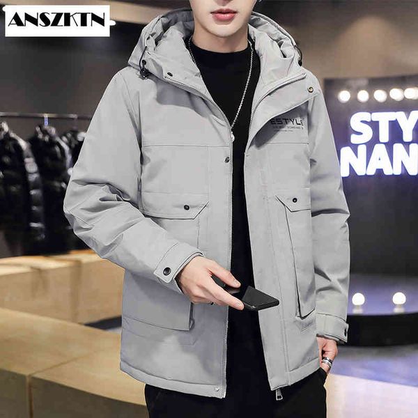 

anszktn new arrival winter warm men jacket coat casual autumn puffer thick hat white duck parka male men's down, Black
