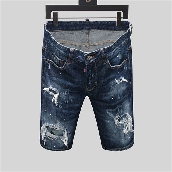 

summer style dsq brand italy jeans mens slim short men denim trousers zipper stripe hole blue shorts for men 210716