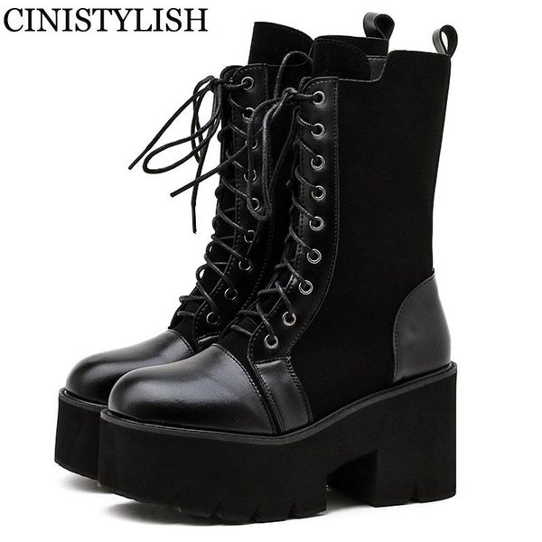 

boots shoes on platform goth punk style spring female women chunky high heels fashion black leather mid calf lace up