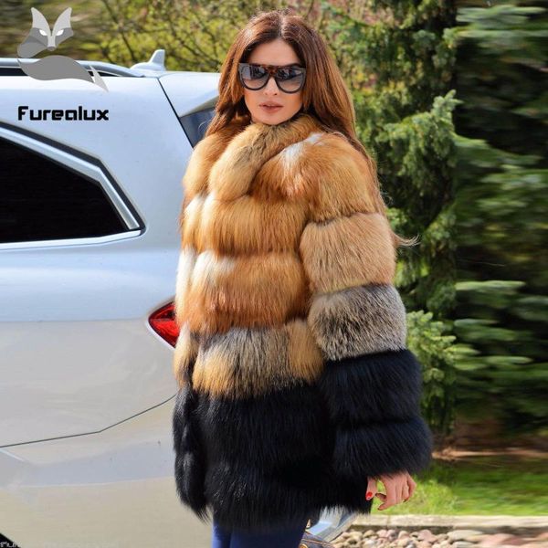 

women's fur & faux furealux luxury coats for women high qulaity natural genuine red jackets 80cm long winter thick warm overcoat, Black