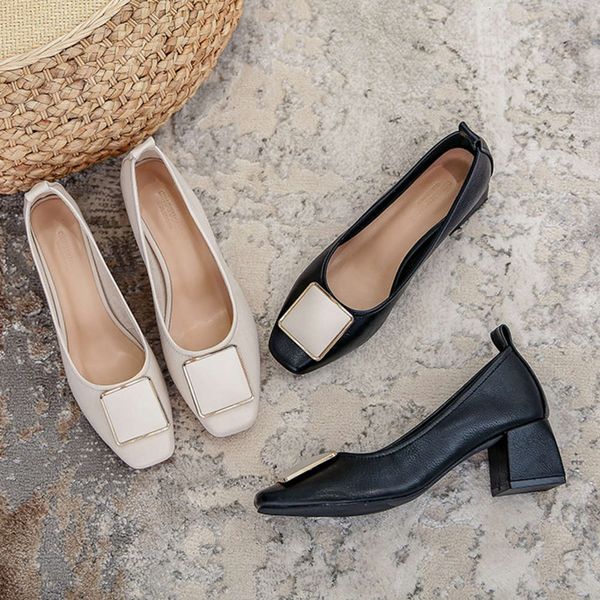 

square head super fiber long standing not tired work single sho temperament square buckle one foot pedal soft leather women's thick, Black