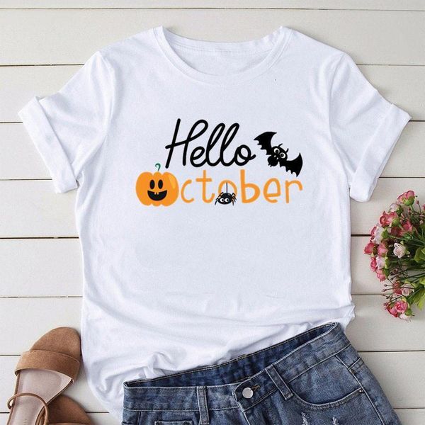 

hello october 2021 halloween clothes women t shirt graphic pumpkin cartoon printed happy halloween tshirt female tee shirt, White
