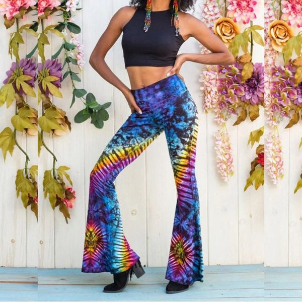 

women's pants & capris women fitness casual tie-dyed striped prints flare leg full length skinny trousers pantalones de mujer #t2g, Black;white
