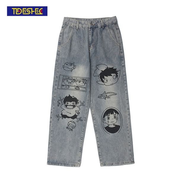 

tideshec anime printed jeans college style loose men and women trousers streetwear denim pants fashion mens clothing 210723, Blue