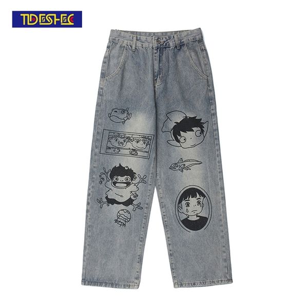 Tideshec Anime Gedruckt Jeans College Stil Lose Männer und Frauen Hosen Streetwear Denim Hosen Mode Herren Kleidung 210723