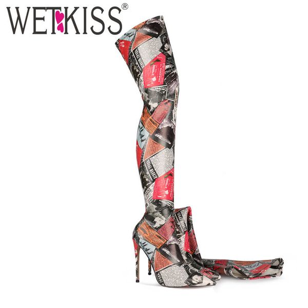 

wetkiss stretch over the knee boots women mix color stiletto pointed toe thigh boot thin high heels party bar shoes woman 210630, Black