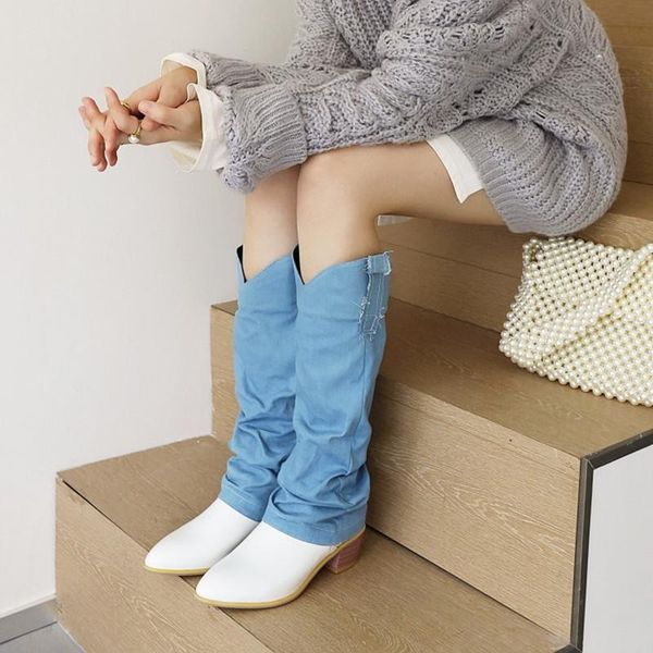 

boots stylish chic pleated jean woman western cowgirl cowboy women's denim pants trousers pattern knee-high footwear, Black