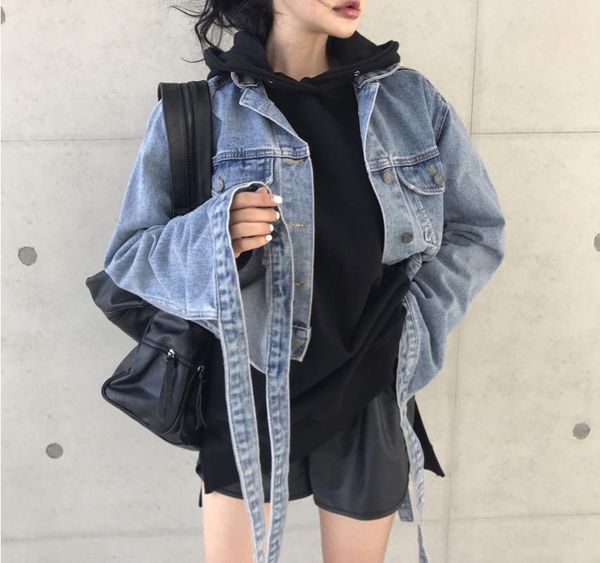 Damenjacken Frühling Herbst Koreanische Retro Lose Gewaschen Blau Langarm Manschettenkante Spitze-up Kurze Jeans Mäntel Frauen Mode Streetwear 2021