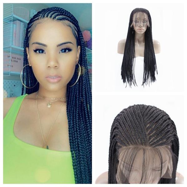 

synthetic wigs side part braided box braids wig long black hair lace front for women heat resistant