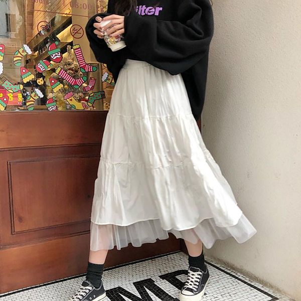 

skirts white elegant tulle midi women autumn elastic high waist mesh tutu pleated skirt female black long streetwear
