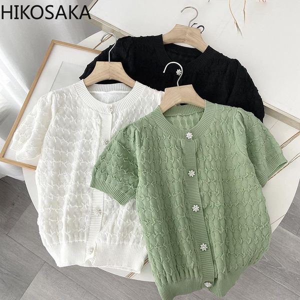 

women's knits & tees o neck peral single breasted women cardgian solid fold pattern knitted 2021 summer chic office lady short sleeve, White