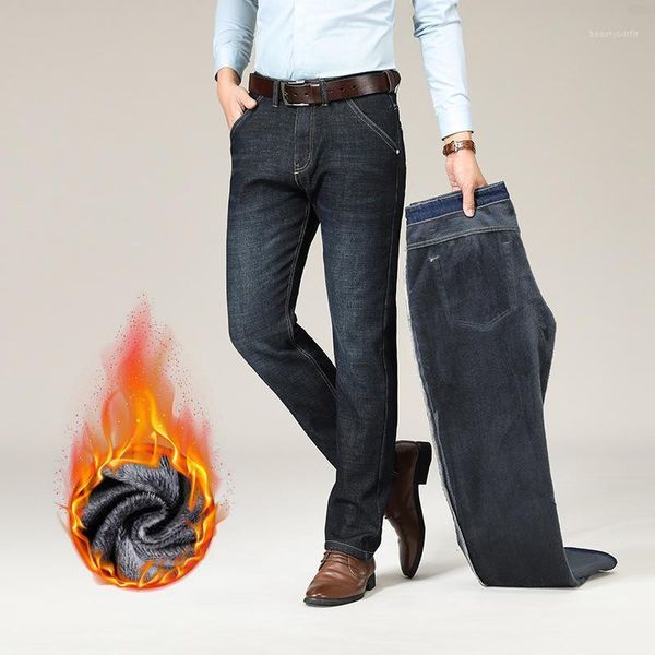 

men's jeans 2021 brand clothing autumn winter warm fleece men cotton flocking soft thick jean black trousers plus size 28-40, Blue