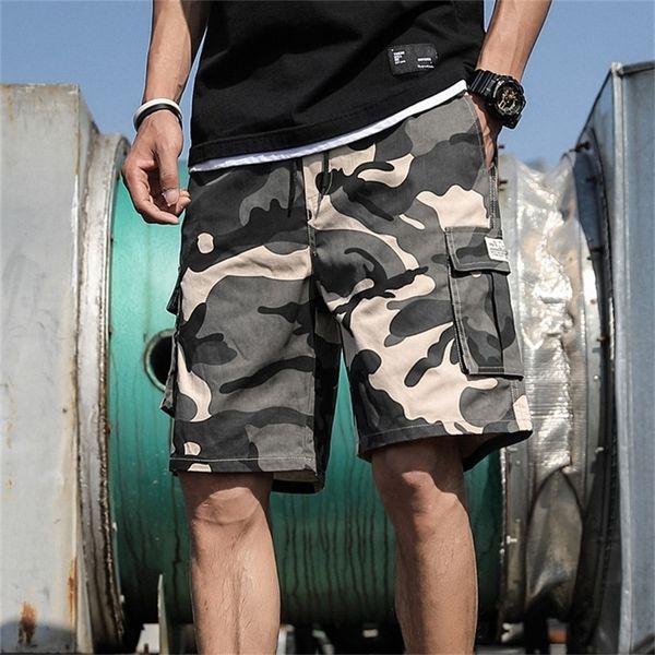 Verão homens ao ar livre camuflagem camuflagem shorts bolso algodão casual meia calças meados de cordão de cintura solta shorts Bib macacão 7xl 210315