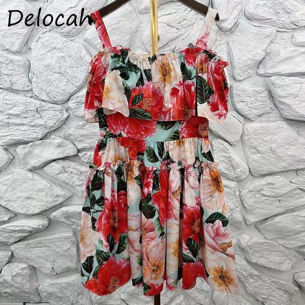 

casual dresses delocah 2021 summer women fashion party a-line dress spaghetti strap floral print ladies holiday cotton short, Black;gray