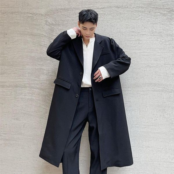 

men's trench coats 2021 autumn winter shoulder buckle design silhouette windbreaker back high split trend single breast long coat, Tan;black