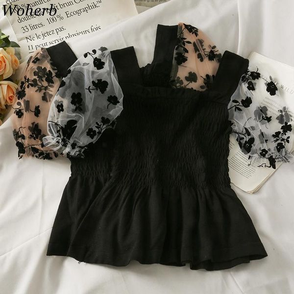 

women's blouses & shirts woherb mesh puff sleeve patch crop blouse women slim square collar black shirt 2021 summer korean chic blu, White