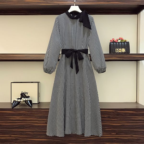 

feminine plus vintage size 90s houndstooth maxi long party dress 2021 elegant autumn bandage office gowns big cloth 9fzh, Black;gray