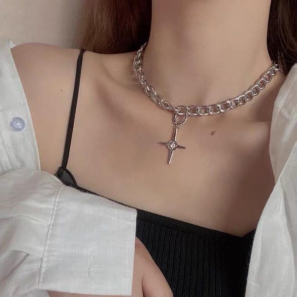 

pendant necklaces vintage cross crystal metal necklace for women girl geometric punk simple harajuku choker fashion jewelry, Silver