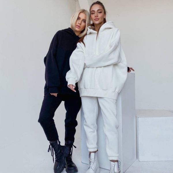 

gym clothing women two-piece sports clothes set solid color hooded pullover and loose style pants sportswear, White;black