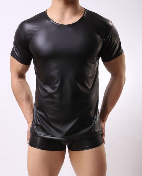 

t-shirts men men's patent leather short sleeve t shirts pu fitness gay latex t-shirt stage tee party clubwear, White;black