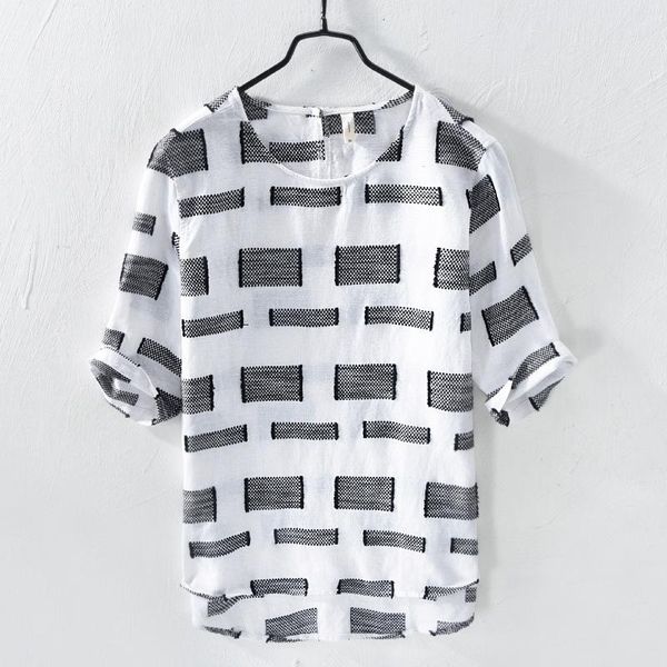 

men's t-shirts fashionable plaid o-neck half sleeve t-shirt white blue linen cotton summer casual men stylish tees for 2021, White;black